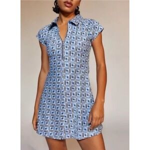 UO Urban Outfitters Blue Retro Arlo Geometric Print Collared Zip Up Mini Dress L